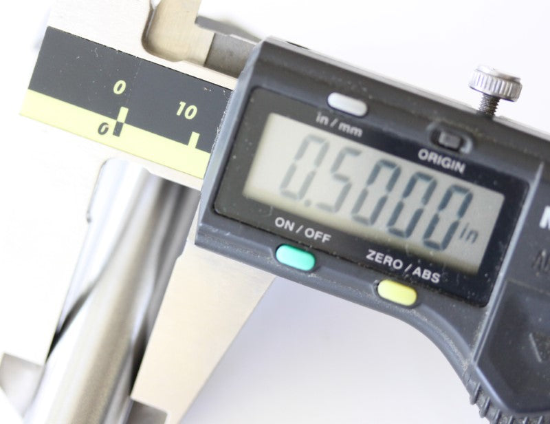 Onsrud 2" 140 degree Cut Diameter V-Carving End Mill shown with a caliper. The measurement reads .5 inches.