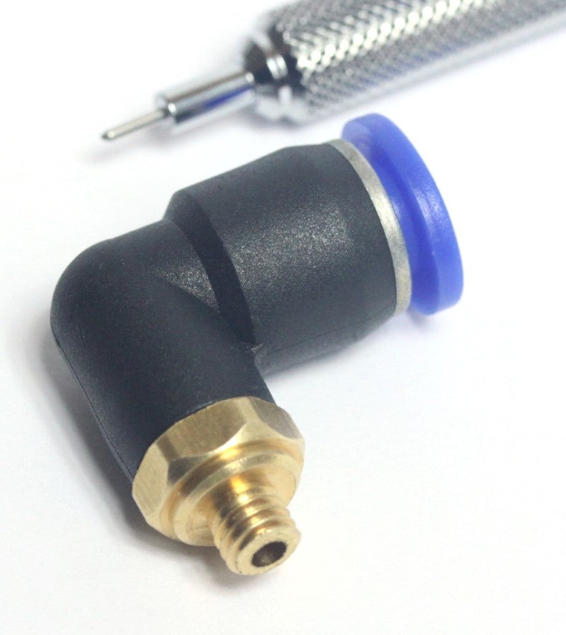 Nozzle Tube Fitting for Air Assist alternate view with mechanical pencil for scale.