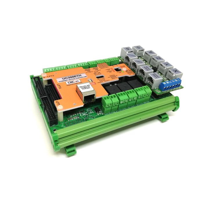 C76 UC300ETH CNC breakout board mounted on DIN rail support for organized CNC control cabinet wiring