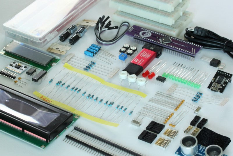 STM32F0 ARM microcontroller advanced kit with sensors displays programmer and breadboards