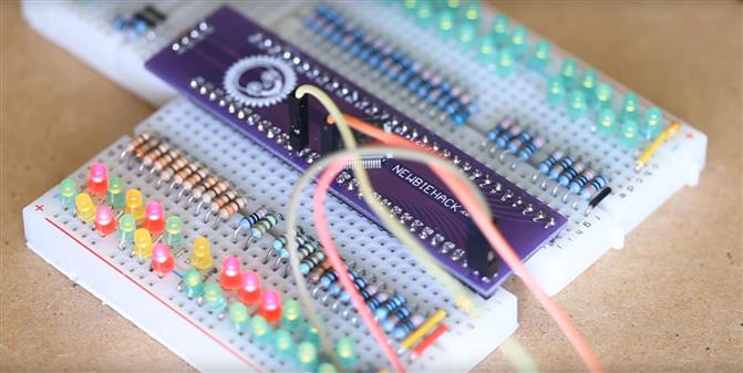 How the circuit is set up on the breadboard with all of the LED and the STM32 development board
